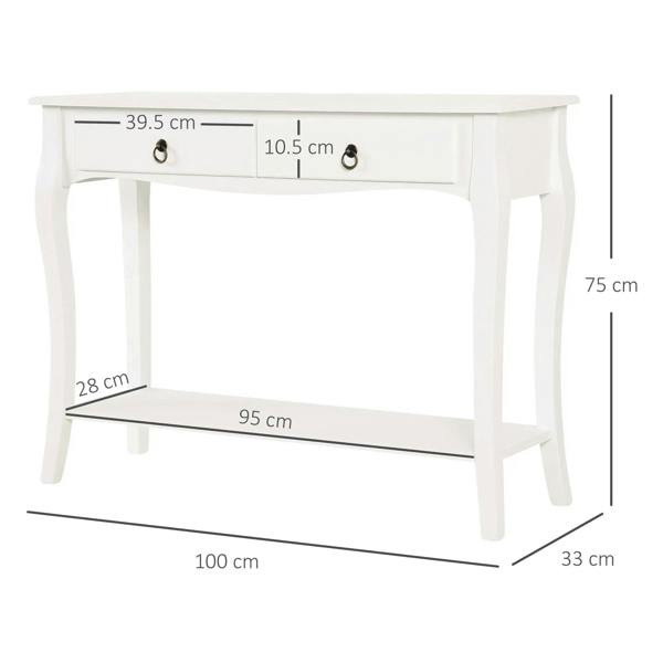 Ivory white console table front view with two drawers and open shelf, size marked
