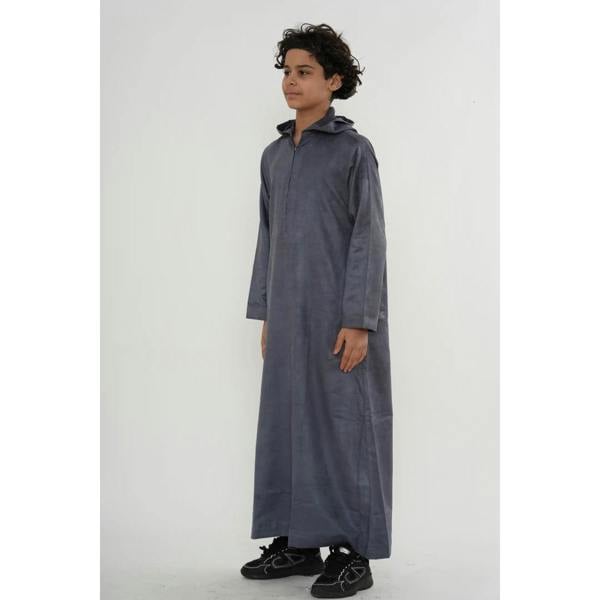 HM12 - Boy's Hooded Suede Emirati Omani Zipped Thobe - Grey - Thobez - 19