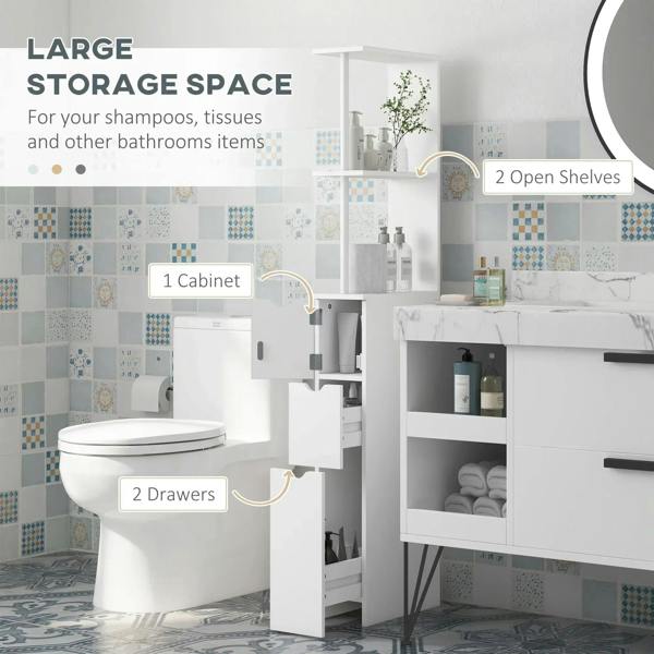 White slim bathroom cabinet with two open shelves and three drawers beside a toilet.