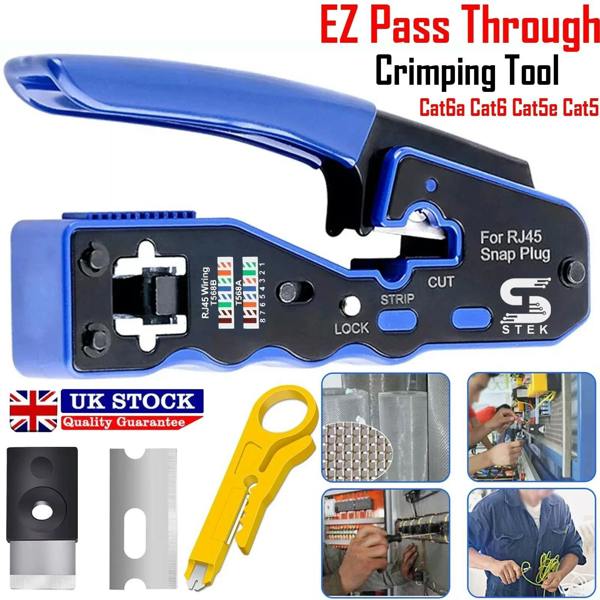 ATEK RJ45 Pass Through Crimp Tool CAT5e CAT6 CAT6a Stripper Blue