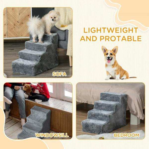 Light grey plush dog stairs with 4 steps for sofa, windowsill, and bedroom use