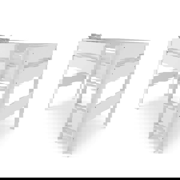 Side view of a white mid sleeper bed frame with the ladder on the right hand side.