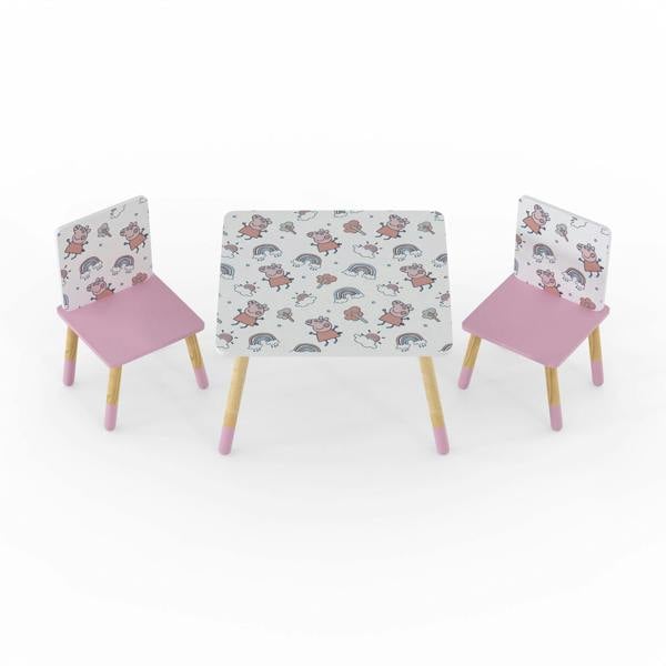 Children's table and chairs set with patterned design on a white background
