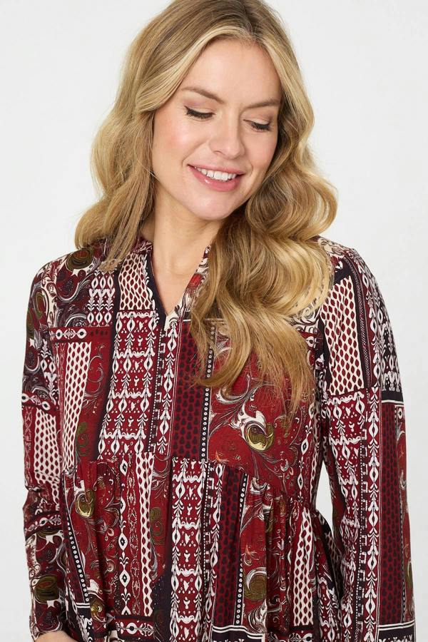 Red | Patchwork Print Long Sleeve Maxi Dress