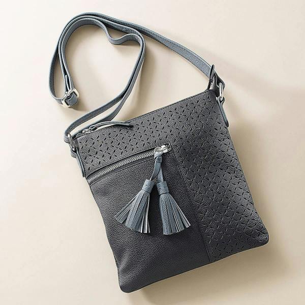 Pia Denim Blue Leather Cross-Body Bag, Laser-Cut Detail with Silver