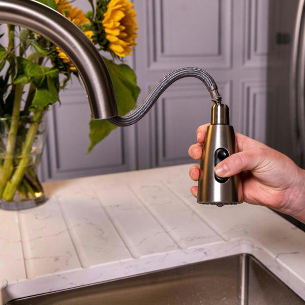 Flode Runda | Kitchen Sink Mixer with Pull out Spray | Brushed Steel | Oval Head