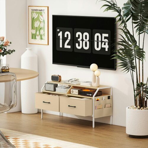 Wyld Haus Avamira Small 98cm Natural and White TV Stand With Foldable Drawers for TV's up to 55 Inches