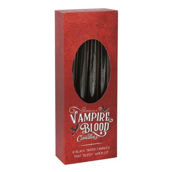 Red candle box with oval window and Vampire Blood logo, set of eight black tapers