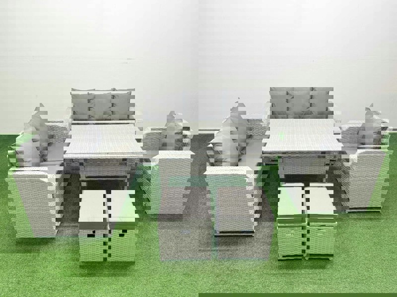 Fimous 8 Seater Rattan Outdoor Sofa Set - Light Grey PE Wicker with Rectangular Dining Table, Reclining Chair, Loveseat & 3-Seater Sofa