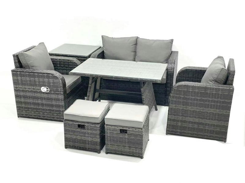 Fimous Outdoor Garden Furniture Set Rattan Sofa Dining Table Set with Reclining Chair Side Table 2 Small Footstool Dark Grey Mixed