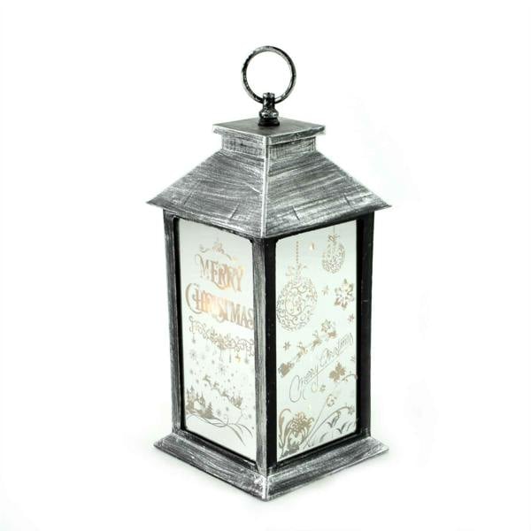 14cm Rustic Silver LED Christmas Lantern with Warm White Lights and PVC Finish image 1