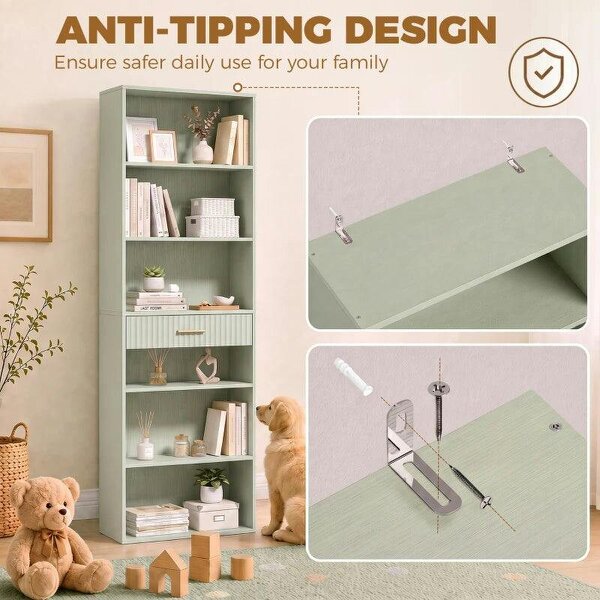 Bookcase Narrow Tall Space-Saving Bookshelf Drawer Open Shelves 60 x 24 x 182 cm Light Green