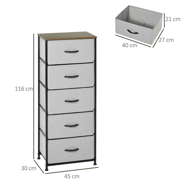 Grey fabric 5-drawer chest with wooden top and black steel frame, curved pull handles