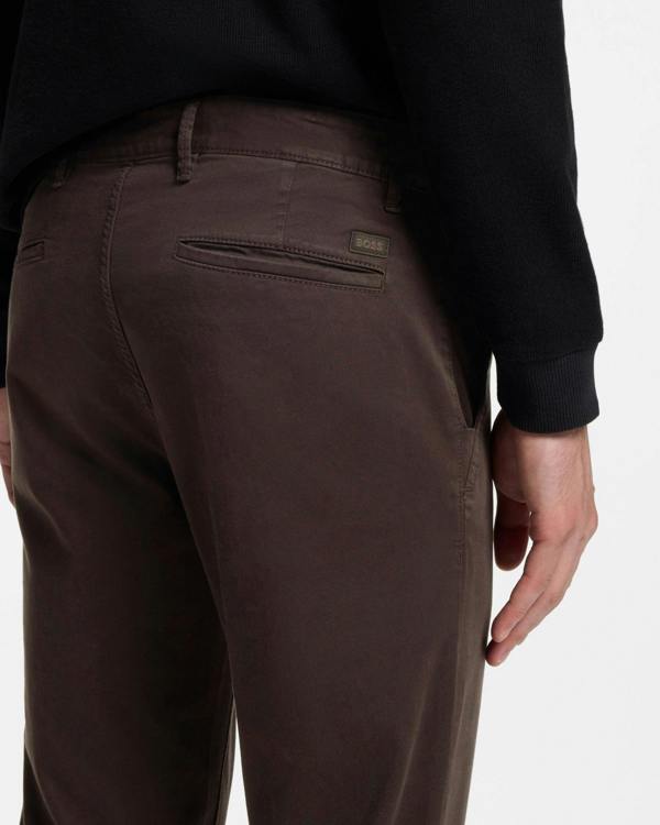 BOSS Orange Mens Slim Fit Chinos in Stretch - Cotton Satin - Dark Brown 207 | CHO | Designer Mens Chinos