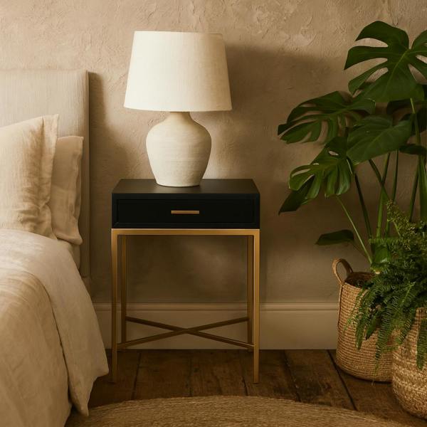 Wyld Haus Murano Black Gloss and Gold One Drawer Bedside Table