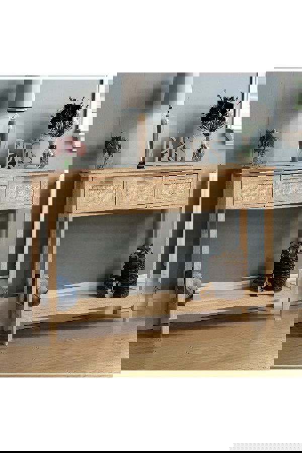 Living and Home Rustic Wood Rattan 3 Drawer Console Side Table