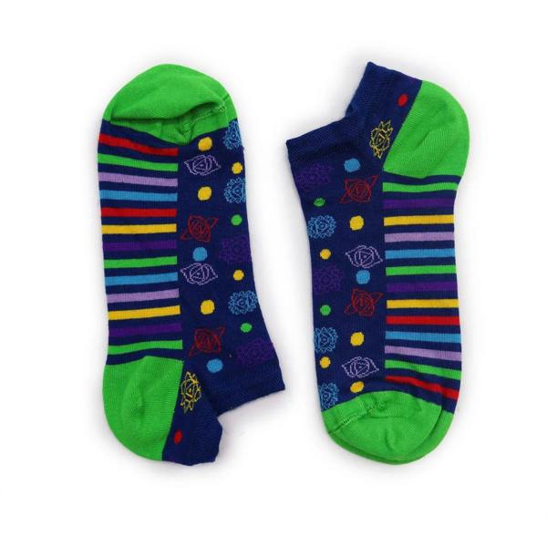 Low-cut bamboo socks, green and navy with rainbow stripes and chakra icons