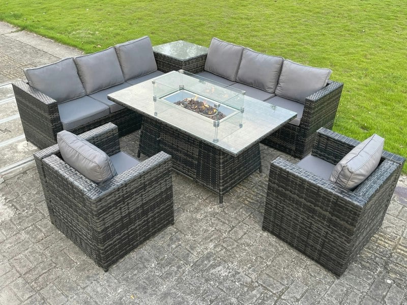 Fimous 8 Seater Outdoor Rattan Garden Corner Furniture Gas Fire Pit Dining Table Gas Heater Sets Lounge Chairs Side Table Dark Grey