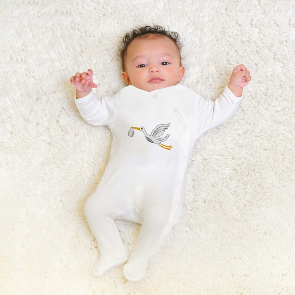 Stork embroidered Footie with side snap for easy change