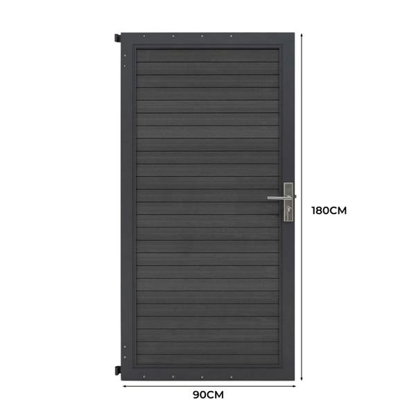 Grey composite panel gate with a sleek, modern design, featuring horizontal slats and a stainless steel handle, measuring 90cm by 180cm