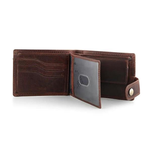 Inside view of Brown leather wallet open on a white background