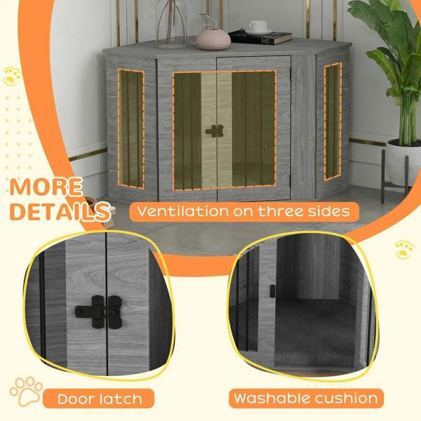 Grey dog crate furniture showing ventilation on multiple sides, black doors, and latch