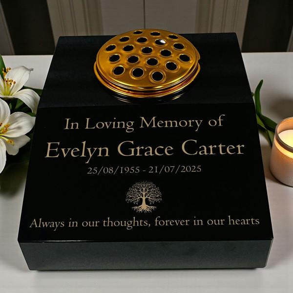 Memorials Direct Black Granite Sloping Memorial Desk with Vase – Tree of Life, Free Gold Engraving