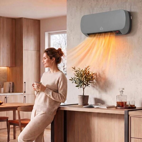 2000W Ceramic Heater, Wall Mounted Space Heater with 3 Heat Settings, Adjustable Thermostat, Remote Control, Grey