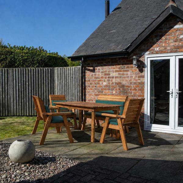 Samuel Alexander Handmade 6 Seater Chunky Rustic Wooden Garden Furniture Set with Table, Benches, Chairs, Green Cushions & 2.7m Parasol