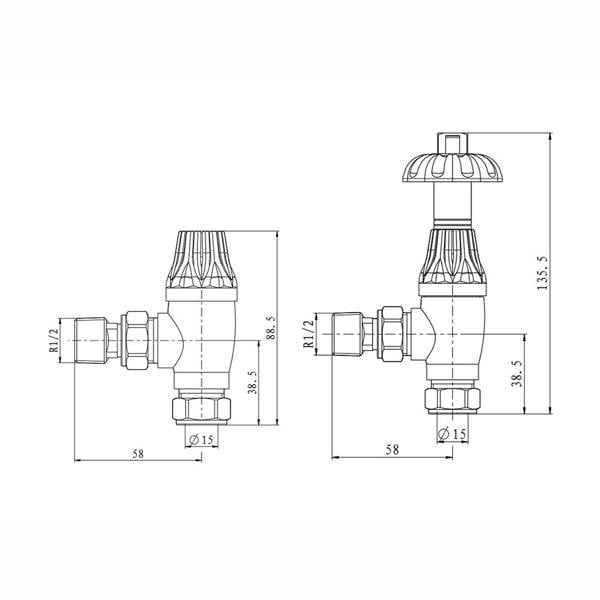 Flode Traditional Style Angled TRV & Lockshield | 15mm x 1/2" | Copper