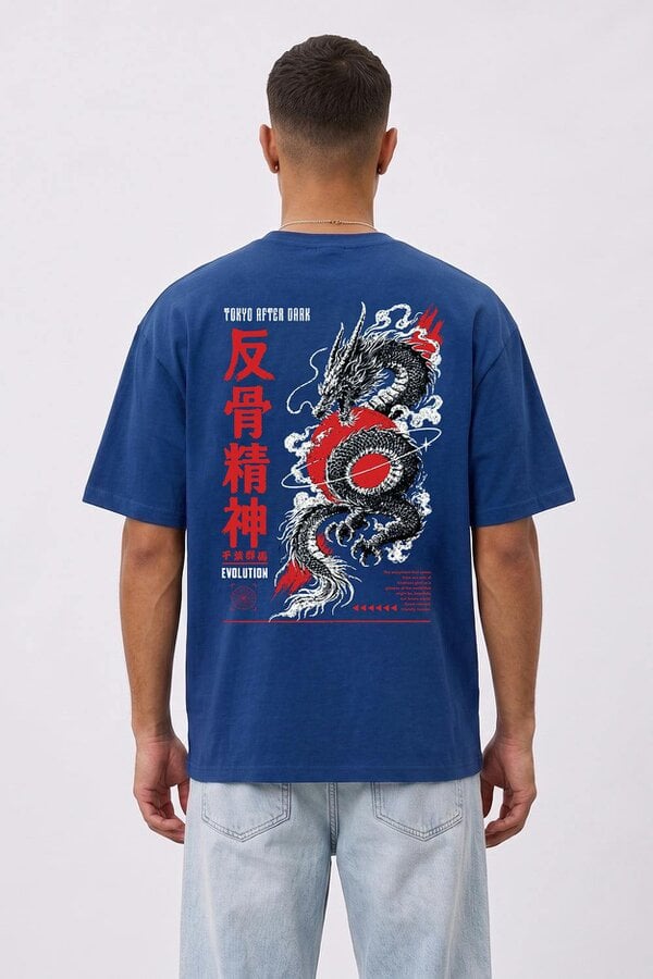 London Attitude Tokyo After Dark Dragon Oversized Heavyweight Graphic T-Shirt - Deep Royal Blue