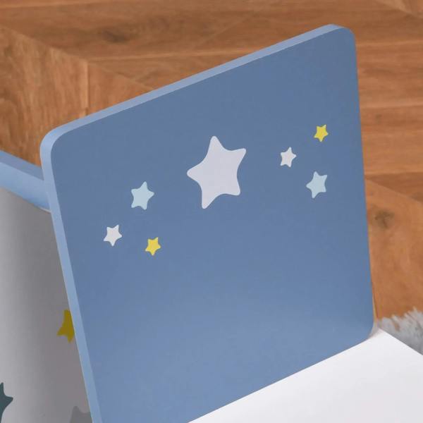 Blue chair backrest with white and yellow star pattern for kids table set