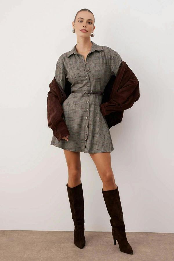 WOVCOR Belted Argyle Belted Mini Woven Dress