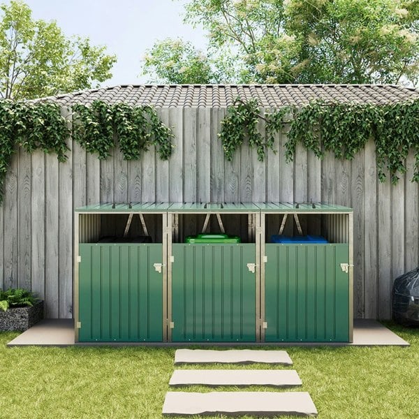 Metal Outdoor Bin Shed for 1/2/3/4 Trash Bins Living and Home Green TripleBin 