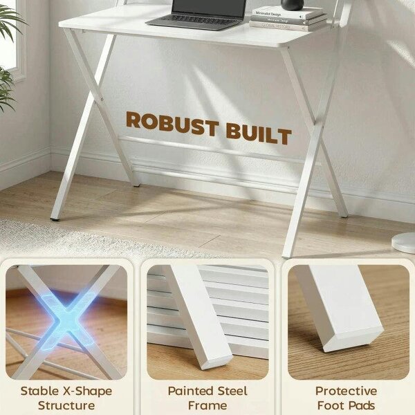 Compact Folding Desk for Small Spaces with Storage Shelf for Home Office, White