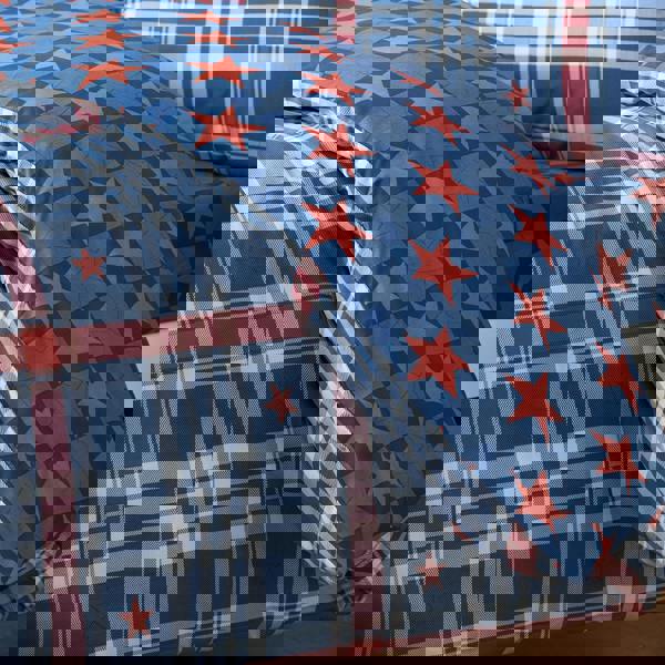 Catherine Lansfield Stars And Check Reversible Duvet Cover Set Blue