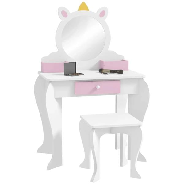 Kids unicorn dressing table with round unicorn-face mirror and pink center storage drawer.
