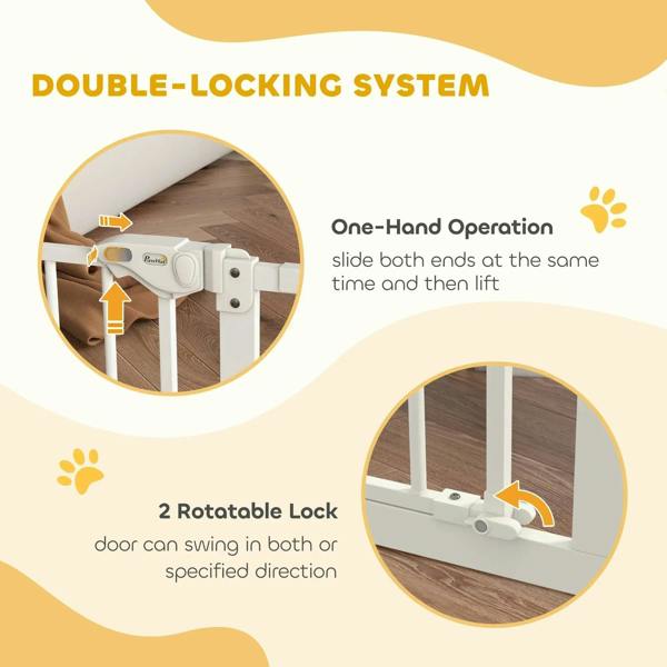 White safety gate diagram highlighting double-locking system and slide latch operation