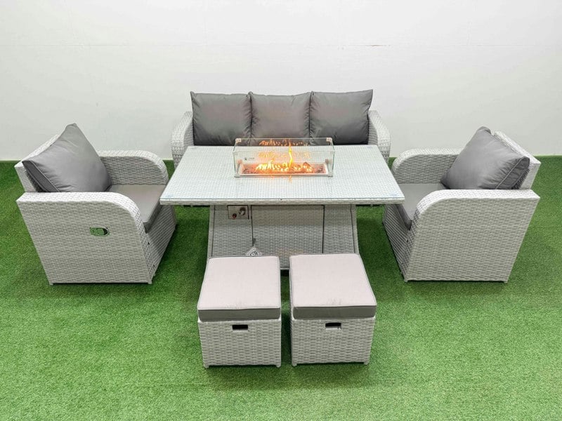 Fimous PE Rattan Garden Furniture Set Reclining Chair Sofa Lounge Sofa Set Fire Pit Dining Table 2 Small Stools Light Grey