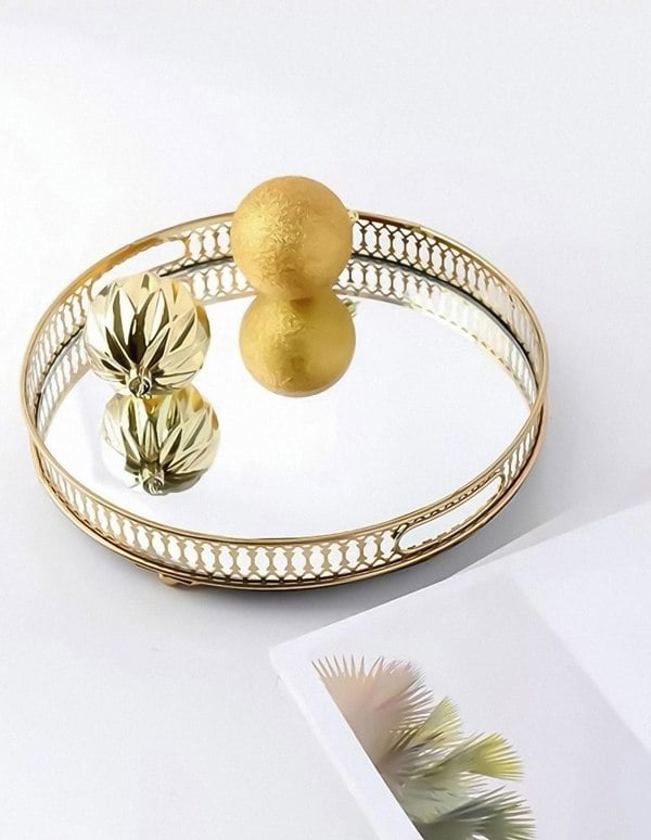 ANYHOUZ 25cm Gold Round Glass Mirror Base Metal Vanity Food Serving Organizer Jewelry Cosmetics Storage Tray with Handle
