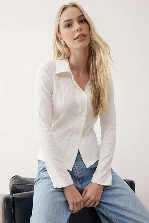 WOVCOR Polo Collar Buttoned Stretch Knit Blouse