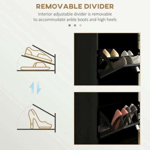 Black shoe cabinet with removable interior divider for boots and heels