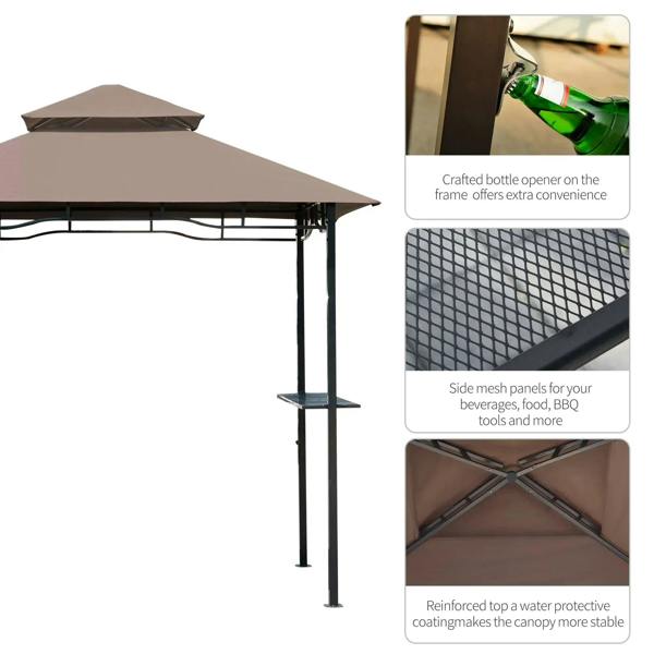Brown grill gazebo canopy with side mesh panels and reinforced crossbar frame