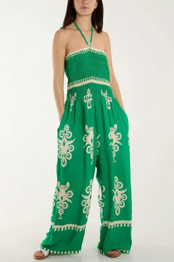 Hoxton Gal Oversized Tie Neck Printed Jumpsuit in Green and White