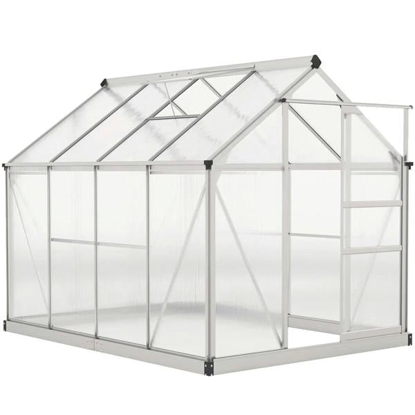 Walk-in greenhouse with clear panels and silver frame, sloped roof