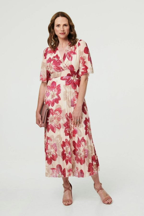 Pink | Floral 1/2 Sleeve Empire Midi Dress
