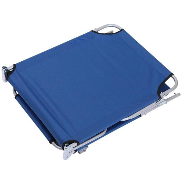 Blue folded sun lounger with carry handle and silver steel legs