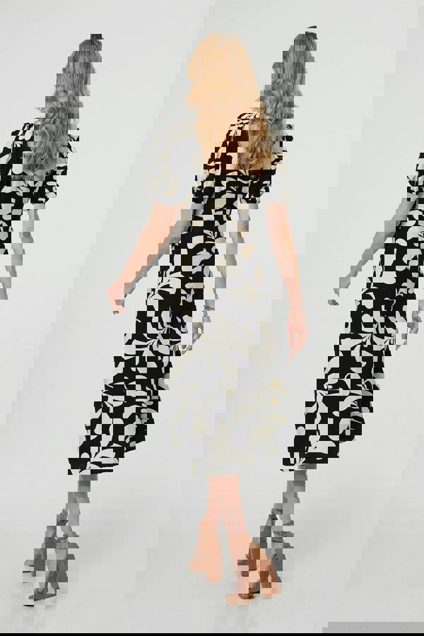 Black | Leaf Print Puff Sleeve Wrap Midi Dress
