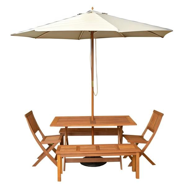 Samuel Alexander Outdoor 6 Person Rectangular Wooden Garden Dining Table, 2 Benches, Chairs with Cream Parasol and Base Set