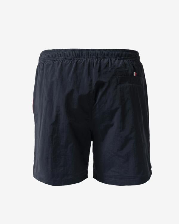 back of Tommy Hilfiger Flag Band Mens Drawstring Swimming Shorts in Navy Blue